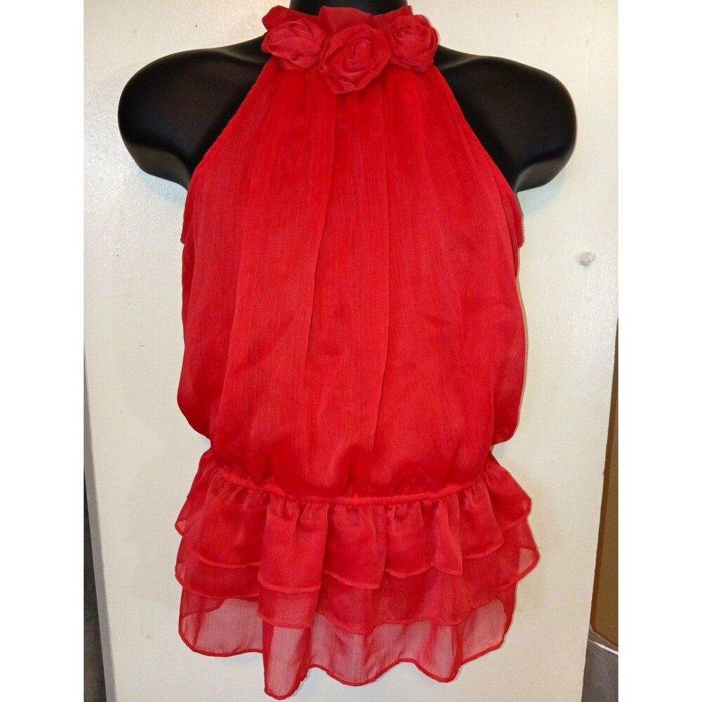 Topshop Womens Red Sheer Chiffon Halter Tie Ruffle 3D Flower Blouse Size 8 NWT